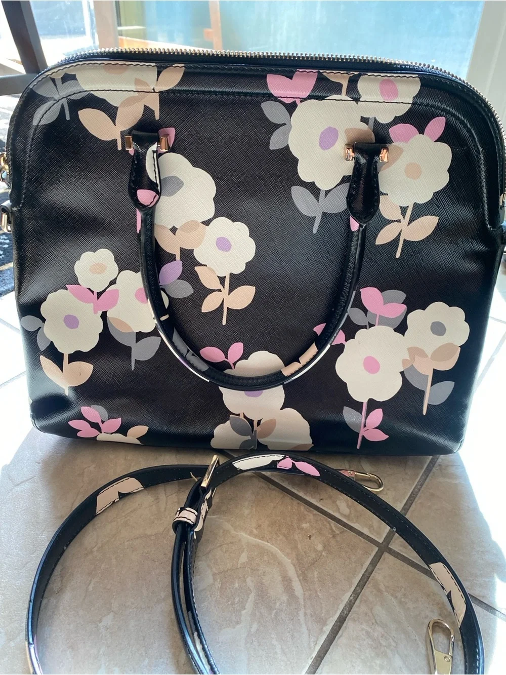 kate spade Black Floral Dome Satchel with Pink & Cream Blooms